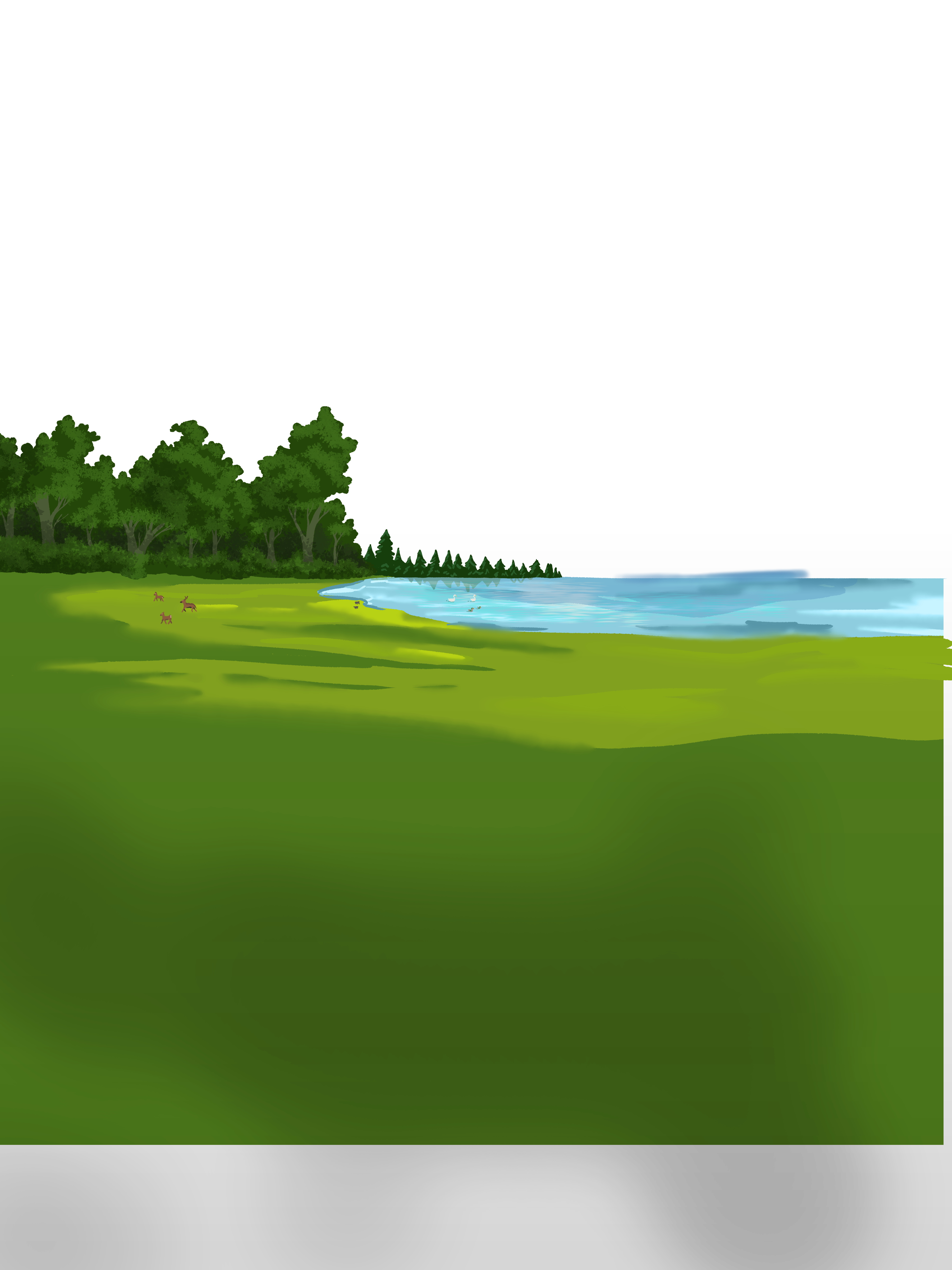 Background meadow, trees, hill and a lake